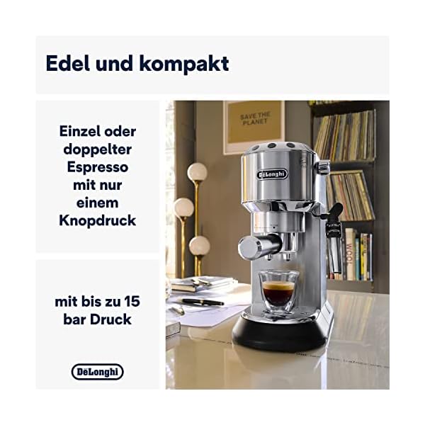 De'Longhi Dedica Style EC 685.M – Espresso Siebträgermaschine, Espressomaschine mit professionellem Milchaufschäumer, nur 15 cm breit, für Kaffeepulver oder ESE Pads, 1 l Wassertank, silber – Bild 3