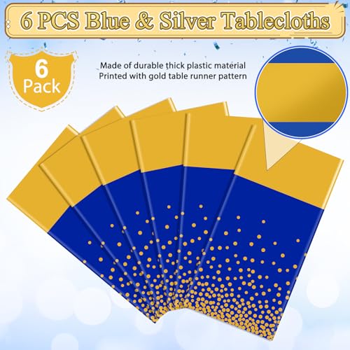 Image of 6Pcs Blue and Gold Tablecloth Party Decorations,Plastic Royal Blue Table Cloth Printed Gold Table Runner Disposable Rectangle Table Cover for Birthday Anniversary Wedding Graduation Party,54 x108 Inch