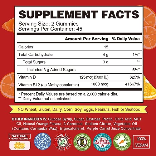 Vitamin B12 1000 mcg Gummies for Adults - Vegan Methyl B12 & D3 5000 IU Vitamin Gummy Supplements for Women - Supports Bone Health & Energy Boost - Non-GMO, Orange Flavor 180 Bears