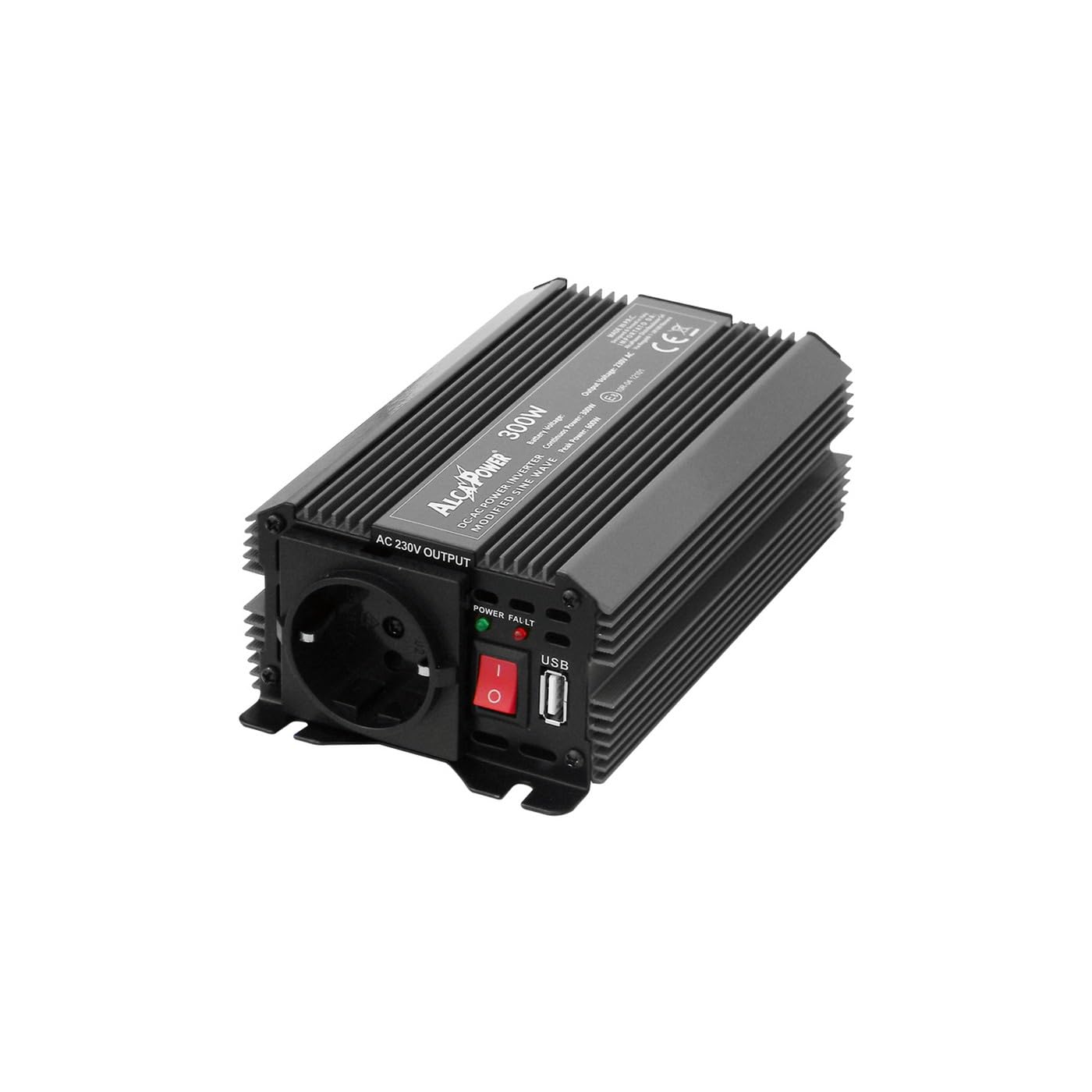 Voltage inverter ALCAPOWER by President 300W 24V power supply, 230V output, modified sine wave, 5V 500mAh USB plug, with power pliers and cigarette lighter plug included