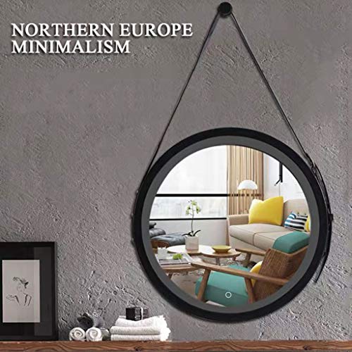 Round Led Lighting Mirror Wall-Mounted Mirror Anti-Fog Pu Frame Hanging Mirror With Faux Leather Strap Make Up Silver-Backed Mirror For Bedroom, Living Room 20" ( Color : Black , Size : 50Cm/19.7In ) #TOP5