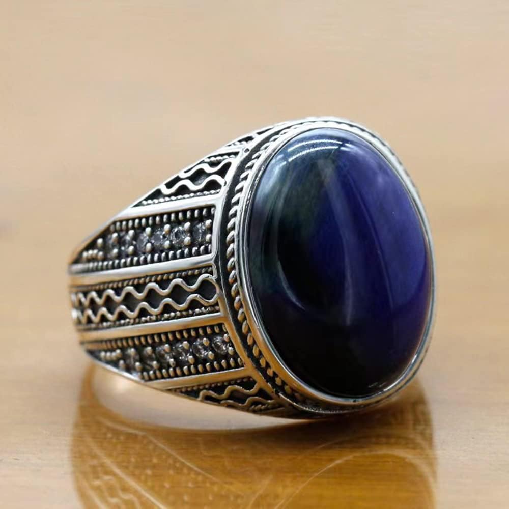 Artever S925 Sterling Silver Blue Tiger Eye Men's Ring Engraving Design Jewelry Handmade Unique Birthday Gift Everyday Wear Ring Size 8-12 - Image 3