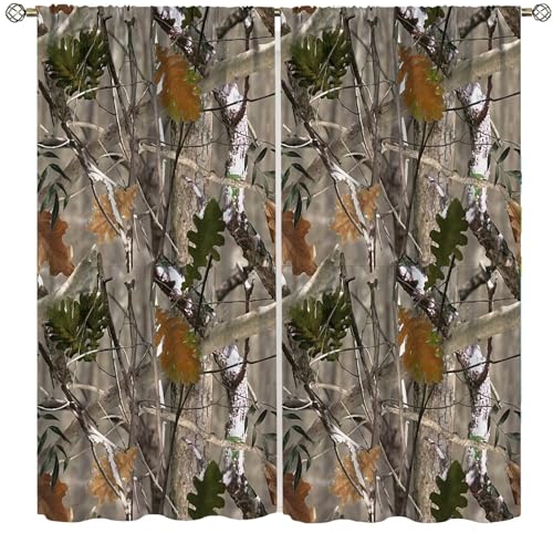 Yearn Jear Camo Hunting Windows Curtains, Forest Camouflage Oak Branches Leaves Mossy Hunting Lodge Camp Cabin Theme Windows Door Curtain for Bedroom 72x63in Blackout