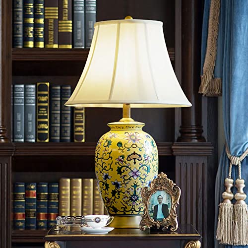 Cctung Chinese Hand-Painted Ceramic Table Lamps Yellow Villa Oversized Nightstand Desk Lamps With Fabric Shade And Brass Base For Home #TOP2