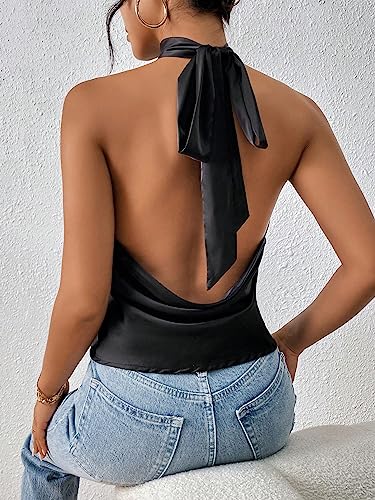 QJQ Women's Satin Silk Halter Tops Backless Low Open Back Sleeveless Summer Going Out Camisole Top2