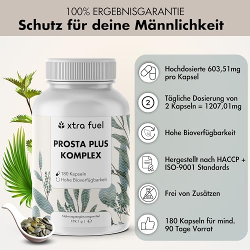 Prosta Plus Komplex - 180 Prostata Kapseln hochdosiert - einzigartige Formel aus Kürbiskern-, Sägepalmen-, Brennnesselwurzelextrakt mit Zink, Vitamin E & Selen - geprüfte Prostata Komplex Kapseln