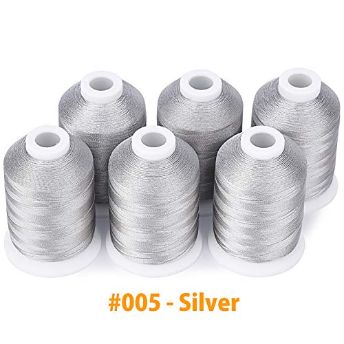 Image of Simthread 6 Silver Polyester Machine Embroidery Threads 1000M(1100Yards) for Brother Babylock Janome Pfaff Singer Bernina Home Embroidery and Sewing Machines (Silver)