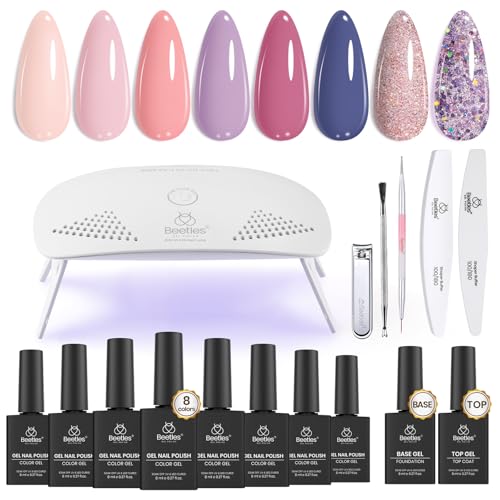 Image of Beetles Gel Nail Polish Kit with U V Light - 16 Pcs 8 Color Gel Polish Starter Kit Pink Nude Purple Grey Glitter Color Gel and Base & Top Coat Soak Off DIY Kit Manicure Gifts for Women