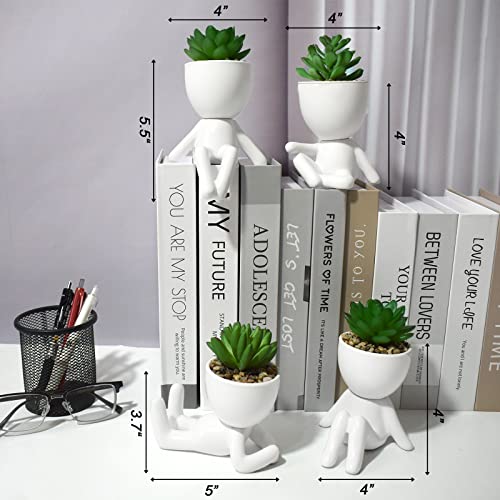 4 Pcs Artificial Succulent Plants With Creative Ceramic Human Figure Planter Pot, Mini Potted Planter Succulent Decor For Desktop Office Bedroom Table (Ceramic White) #TOP1