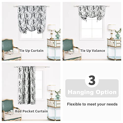 Driftaway Heather Flower Floral Printed Tie Up Curtain For Kitchen Bathroom Lined Blackout Adjustable Balloon 63 Inch Length Tie Up Shade For Small Window Rod Pocket Single Panel 45Wx63L Black White #TOP2