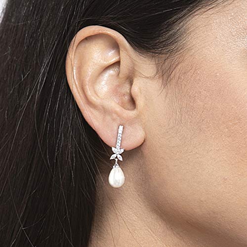 Image of CLARA 925 Sterling Silver Pearl Earrings | Rhodium Plated, Swiss Zirconia, Screw Back | Gift for Women & Girls