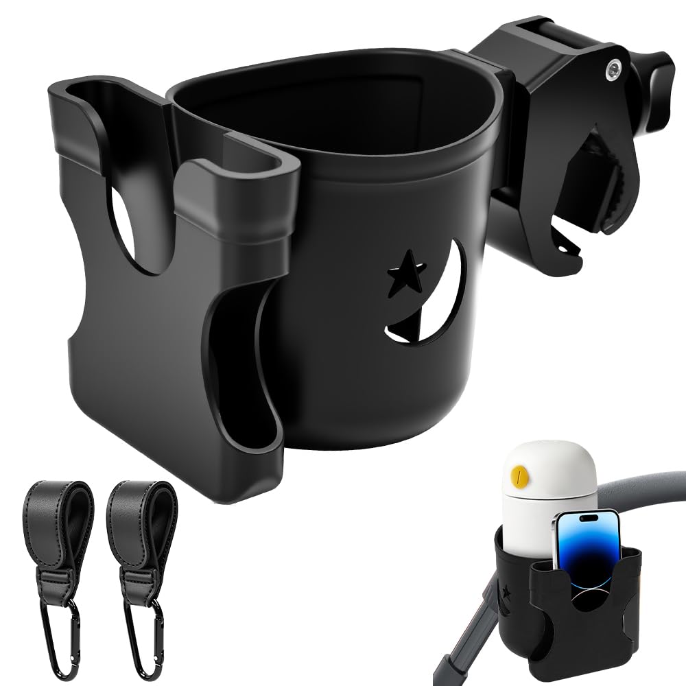 Portavasos para Cochecito Universal, Sujetavasos Carrito para Bebé con 2 Ganchos Ajustables, Porta Botella Cochecito, Soporte para Botellas y Tazas para Sillas de Paseo/de Ruedas y Bicicletas