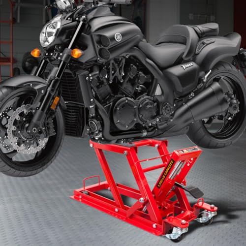 Image of Big RED 1500LBS Hydraulic Motorcycle Lift Jack, Powersports Lift Table Operated ATV Dirt Bike Scissor Jack Stand, Fit for Motorcycle UTV Snowmobile, Red