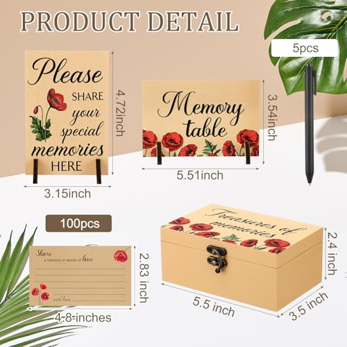 Image of Gilprop 112 Pcs Celebration of Life Memory Cards Set Share a Memory Cards with Box 2 Wood Sign with 4 Hold and 5 Pens, Sympathy Memorial Gifts Funeral Keepsake Decorations (Poppy)