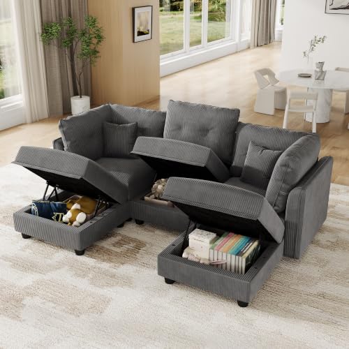Image of LLappuil Modular Sectional Sofa with Storage, U-Shaped 5-Seat Corduroy Couch with 5 Throw Pillows, Pet-Friendly Convertible Sofa for Small Space, Skin-Friendly, Grey