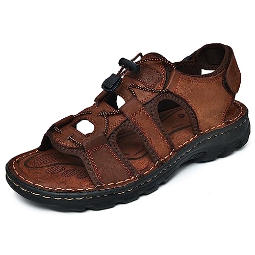 Mens Open Toe Athletic Sandals Nubuck Coffee Brown Leather Upper Men's Summer Casual Sandal Shoe for Beach Sports Outdoor Adventures Size 14