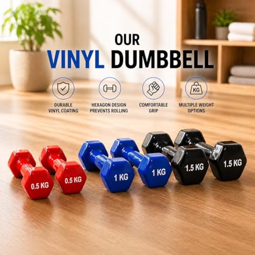 Image of De Jure Fitness Dumbbell Set with Stand for Home Gym | 0.5kg 1kg 1.5kg 3 Pair Dumbbells Set | Vinyl Weight Set with Rack | Space Saving Compact Stand | Strength Training Workout Equipment