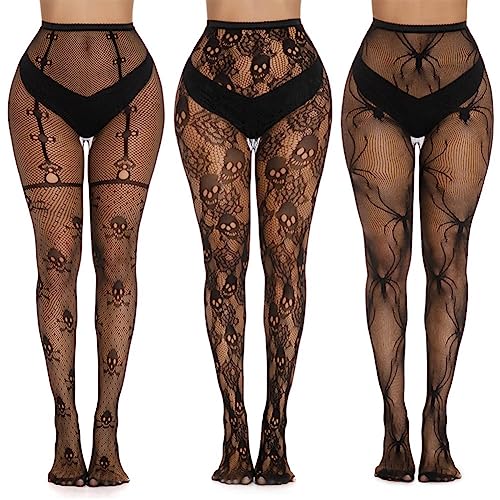 YANGSHINE 3 Paare Halloween Fischnetze Strümpfe Schädel Spinnennetz Hohe Taille Mesh Strumpfhosen Strümpfe Schwarze Fischnetz Strumpfhosen für Frauen Farbe#1