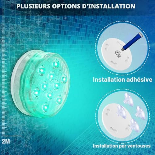 Qoolife Rechargeable Lumière LED Submersible, IP68 Aimant Lampes Sous-Marines, RGBW Changement Contrôlé par Télécommande Lumiere Piscine pour Aquarium, Base de Vase, Étang, Sol de Piscine(2 Paquet) – vue 3