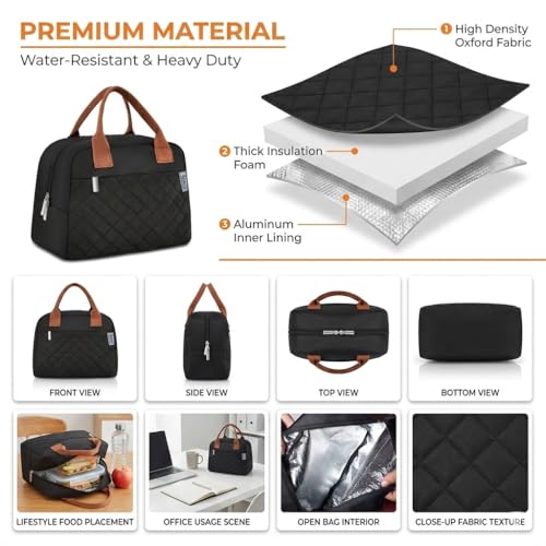 Image of SaleOn 7.5 LTR Thermal Insulated Lunch Bag for Women & Girls | Stylish Tiffin Bag | Big Size Food Carrier Tote for Office, College, School | Black Travel Lunch Box Pouch with Handle (Black)