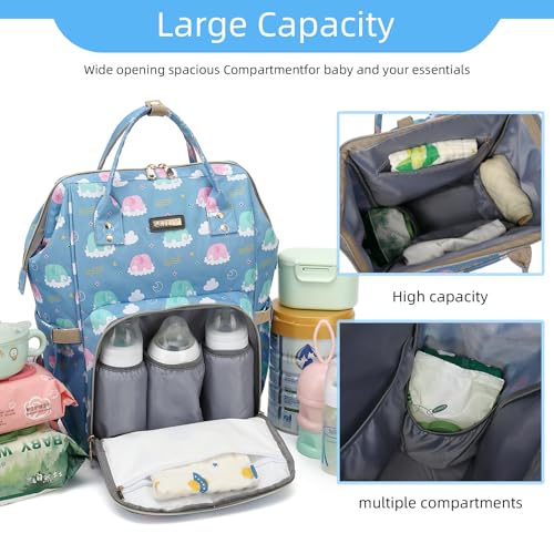 Image of Diaper Bag Backpack, Diaper Bags for Baby Girls Boys, Baby Bags for Moms Dads, Nappy Changing Bag with Insulated Pockets,Multi-functional Waterproof Backpack with Stroller straps-Deep blue elephant