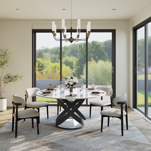 POVISON 59" Modern Dining Table, Glossy White Round Dining Table for 6, Sintered Stone Dining Tabletop with Black X Carbon Steel Base (Table Only) - Image 5