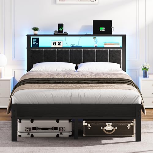Image of OLEVS Full Size Bed Frame with LED Lights & Charging Station, Modern Platform Bed with Upholstered Storage Headboard, No Box Spring Needed Easy Assembly