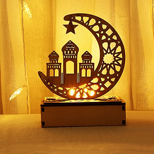 WANGCL Eid Crafts Night Light Ramadan Mubarak Lamp Decorations 3D Handmade Wooden Moon Star LED Lights Decor Gift for Muslims Home Party Supplies(Moon Palace)