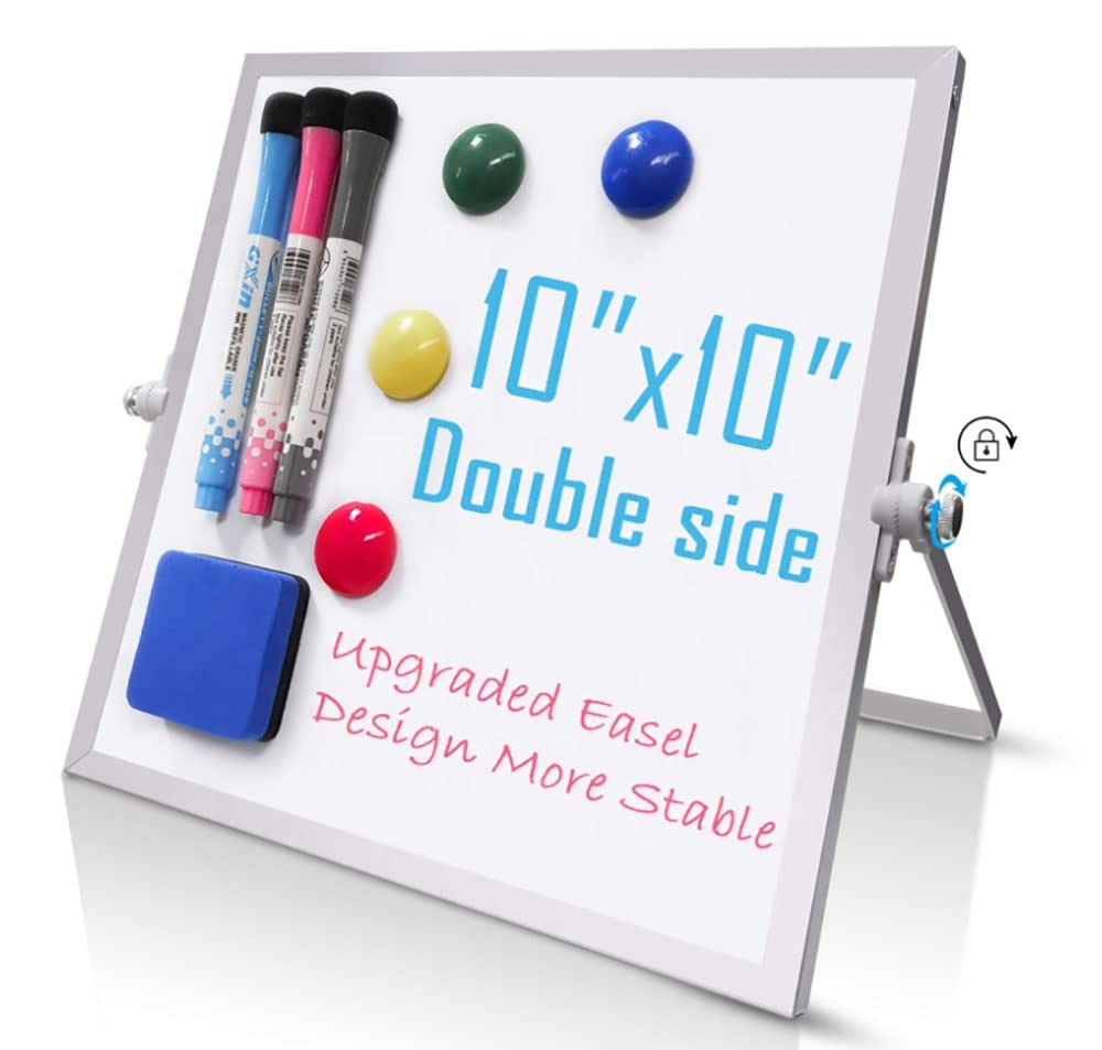 CLOUDFOUR Dry Erase Small Whiteboard 10 x 10-inch, 2 Markers, 2 Magnets, Eraser. Portable Double Sided Magnetic Desktop Whiteboard Easy to Carry Easel Whiteboard for Office, School, Home, Kitchen.