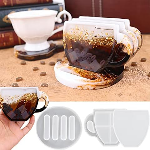 Coaster Resin Molds, Coaster Molds for Epoxy Resin with Coffee Cup Mat Shape Resin Casting Molds Shaker Silicone Moulds DIY Quicksand Coaster Home Decoration Art Gift Cover