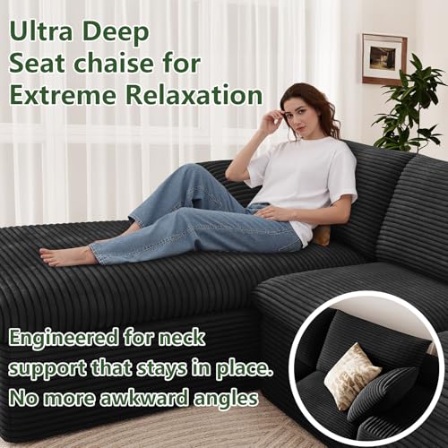 Image of 107 inch Cloud Couch Modular Sectional Sofa for Living Room, U-Shape Boneless Couch with Deep Seat, Modern Corduroy 3-Seater with Ottoman, No Assembly Required (Jet Black,Left-Facing Chaise)