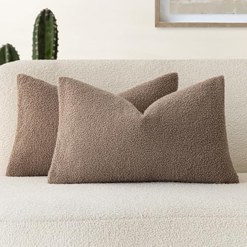 Image of Foindtower Pack of 2, Curly Faux Fur Decorative Throw Pillow Covers Soft Plush Cushion Case with Zipper Cozy Boho Lumbar Pillowcase for Home Living Room Couch Bedroom Sofa 12 x 20 Inch, Chocolate