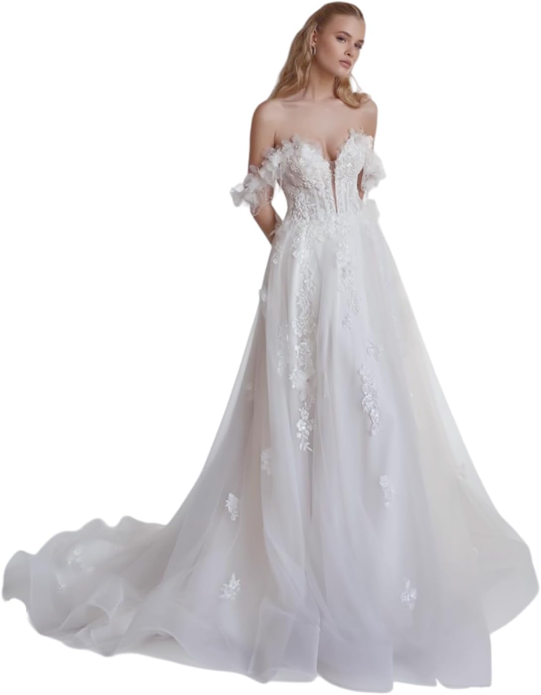 Zeeyecie Off Shoulder Tulle Wedding Dresses Sparkly A-Line Lace Applique V-Neck Bridal Gowns with Train for Brides