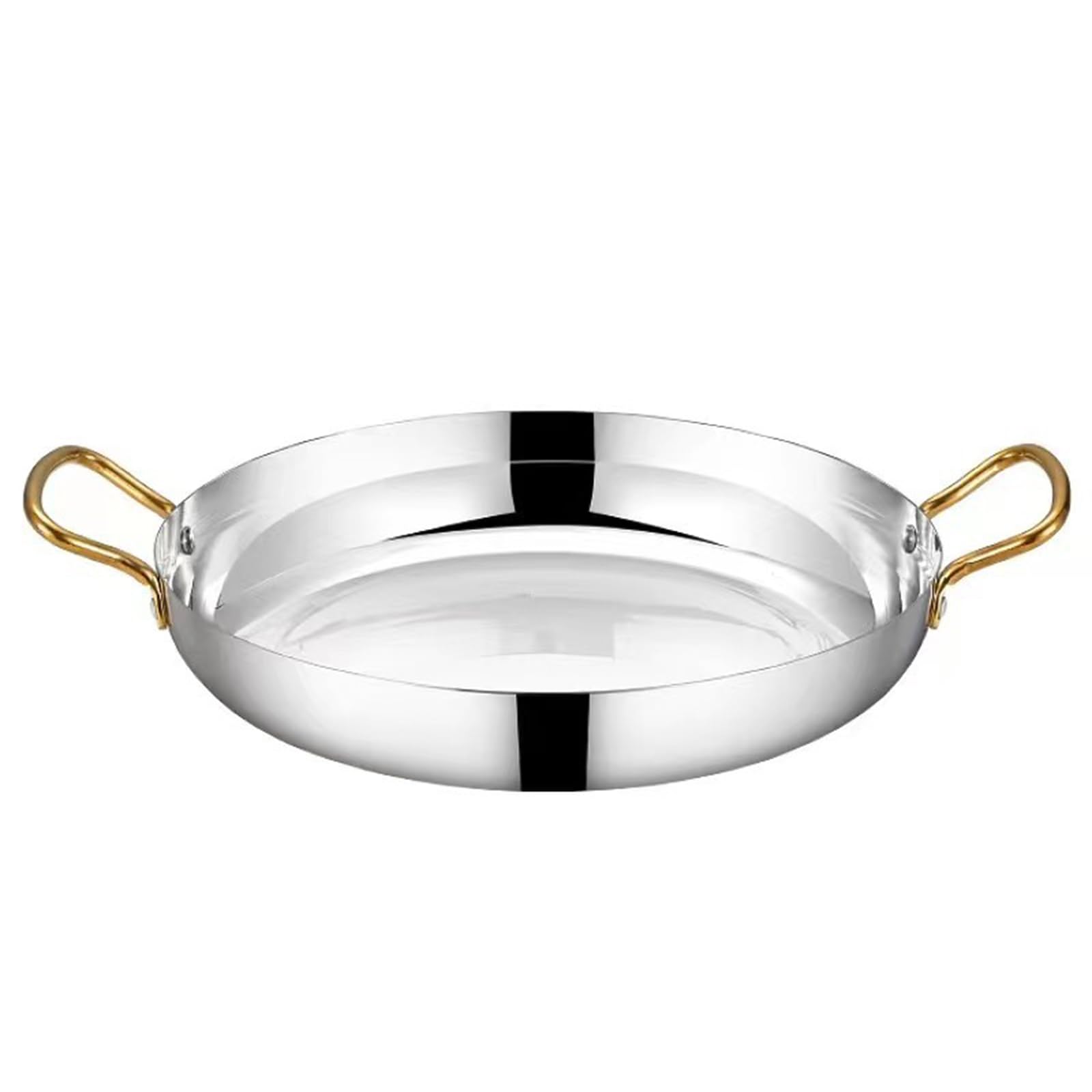 Paellera redonda de 24/28/32/36 cm con asas, sartén de acero inoxidable para servir, plato de postre, bandeja de alimentos, olla seca para el hogar, para restaurantes y cocina en casa (32 cm