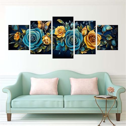 Broderie diamant salon pour une décoration murale en 5 panneaux