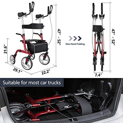 Rinkmo Upright Rollator, Upwalker Lite for Seniors and Adults Stand Up Folding Rollator Walker with Seats and 10” Wheels, Padded Armrest and Backrest, Tall Rolling Mobility Walking Aid with Basket,Red - Thumbnail 6