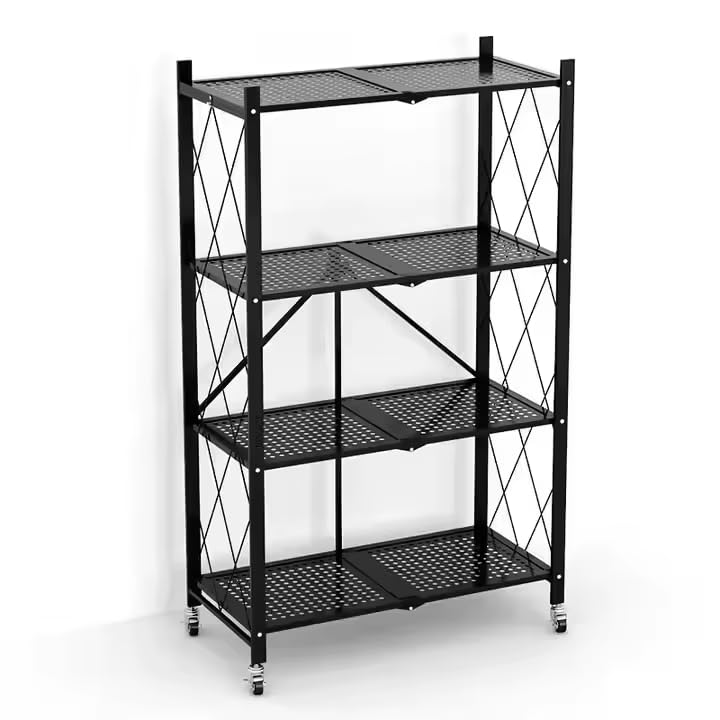 Deconation Bibliothèque Métallique Pliable 4 Niveaux à roulettes - Noir Rangement Pratique 71,5 X 30,5 X H 127 Cm