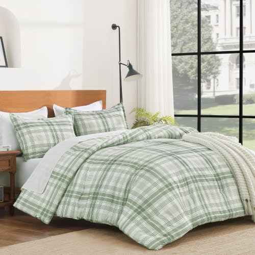 Image of Andency Sage Green Plaid Comforter Set Queen(90x90Inch), Gingham Checkered Grid Stripes Bedding Comforter Sets for Boys Girls Kids Gift, 3 Pieces Preppy Geometric Soft Lightweight Reversible Bed Set