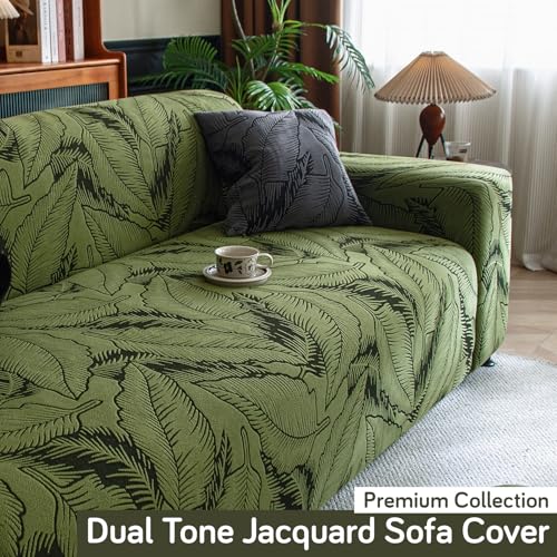 Image of HOKIPO 200gsm Dual Tone Knitting Jacquard Sofa Cover 3 Seater Fully Covered, Olive Green (AR-6034-GRN)