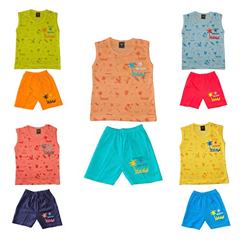 SVS Baby Boys and Girls Cotton Sleeveless Printed T-Shirt with Shorts Combo – Round Neck, Multicolor (Pack of 5)