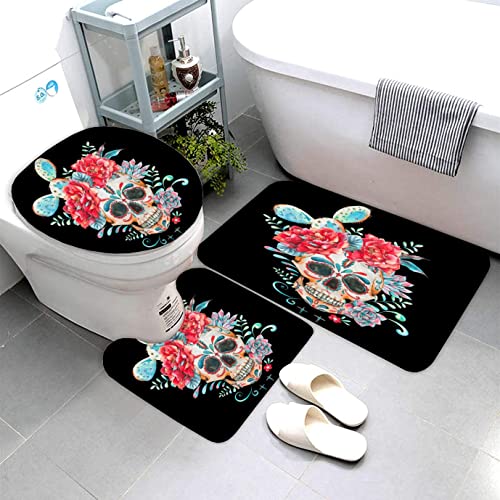 Zifarm Badematte rutschfeste 50x80 cm Schädel Badvorleger-Set 3D Drucken Totenkopf Blume Skelett Mikrofaser Flanell… – Bild 6