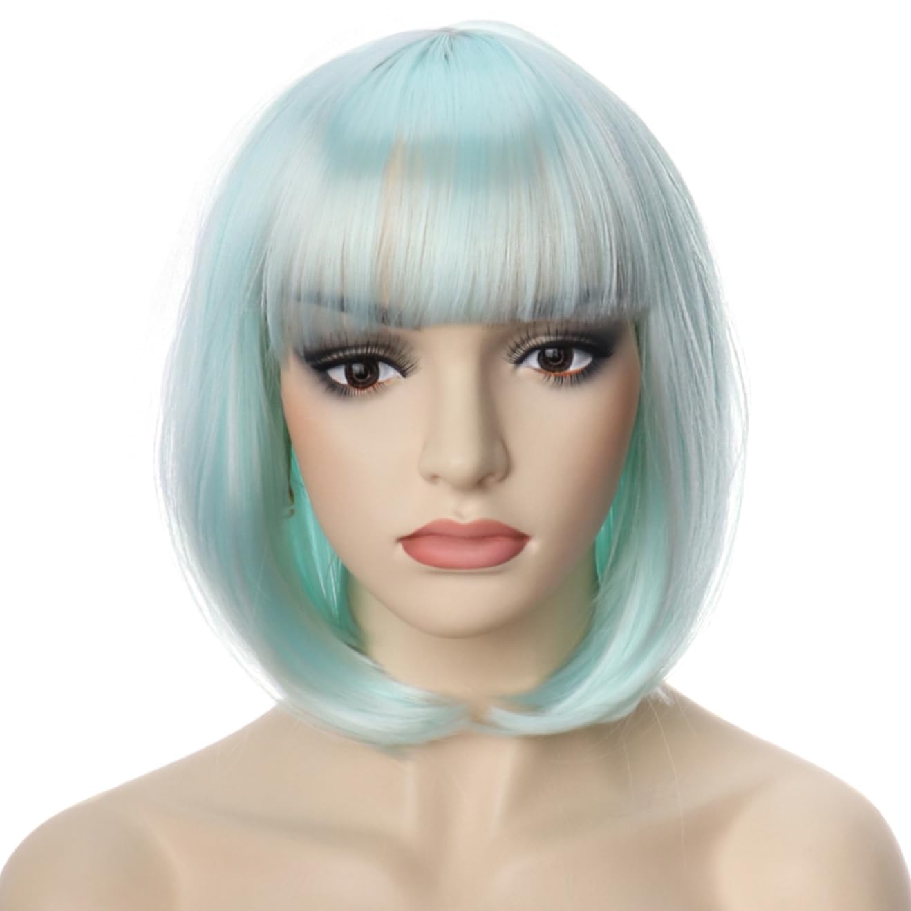PORSMEER Short Light Green Bob Wigs with Fringe For Unisex Womens Natural Synthetic Hair Colorful Costume Cosplay Wig for Anime Halloween Fancy Dress Party+Wig Cap