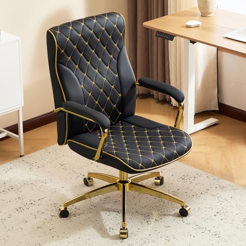Furniliving Black and Gold Office Chair Leather Office Chairs Adjustable Vanity Chair with Golden Legs and Padded Armrest Modern Upholstered Computer Chair with Wheels Black