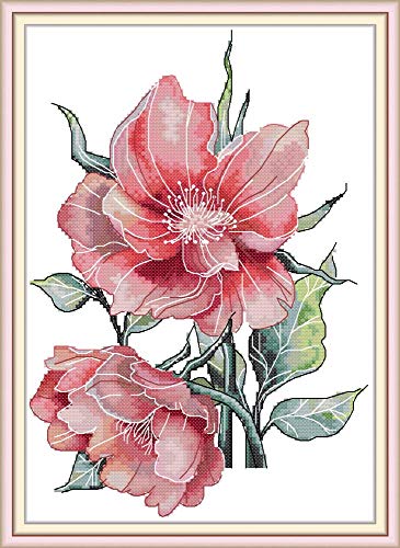 Image of CaptainCrafts Cross Stitch Kits, New Counted Kit Unprinted 14CT Fabric Cross Stitching DIY Art DMC Needlecrafts Embroidery Kit for Adults Beginner (White, Two Peonies)