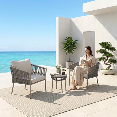 Image of BRISHI Braid & Rope Garden Patio Seating Chair and Table Set Outdoor Balcony Garden Coffee Table Set Furniture with 1 Table and 2 Chairs Set with Cushion (Grey and White), 61 cm , 61 cm , 81.3 cm
