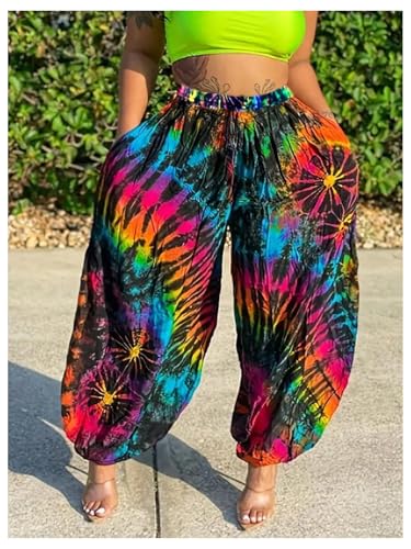 Verdusa Women's Plus Size Tie Dye Hip Hop Wide Leg Baggy Pants Hippie Loose Trousers with Pockets2