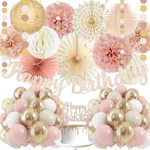 Image of Boho-Pink Birthday Decorations, Happy Banner, Women Paper Lanterns Honeycomb, One Sweet Peach Streamers Garland, Retro Blush Pink Beige Metallic Gold Balloon for Birthdays Party Decor