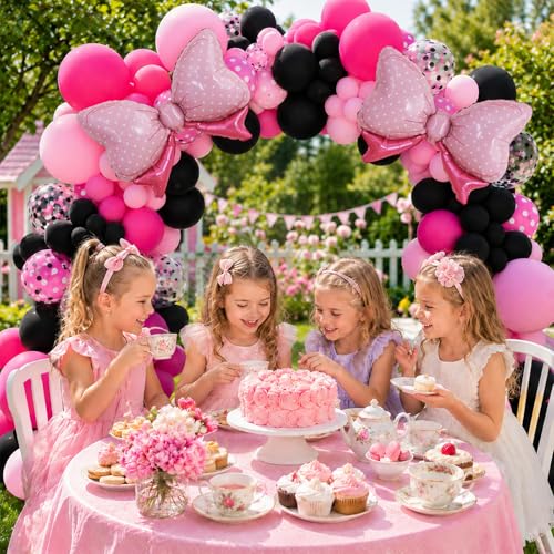 Image of Pink and Black Balloons with 2Pcs Pink Bow Balloons | 50 Pcs 12 Inch Hot Pink Black Balloons Set with Confetti Balloons for Girl Birthday Bachelorette Party Wedding Decorations