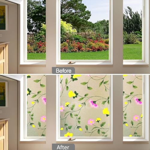 Image of MOCOCO Premium Vinyl Privacy Stained Window Glass Sticker (12x25 Inch) - Self-Adhesive Decorative Film Opaque Sheet Tint Wallpaper for Glass Cover Window, Door, Office.| Anti-UV. Pink Yellow Flowers