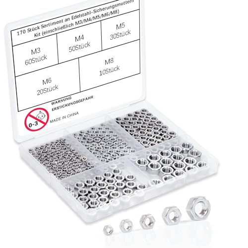 170-teiliges Sechskantmutter-Sortiment, M3 M4 M5 M6 M8 Hardware-Muttersets, 304 Edelstahl, A2-70'